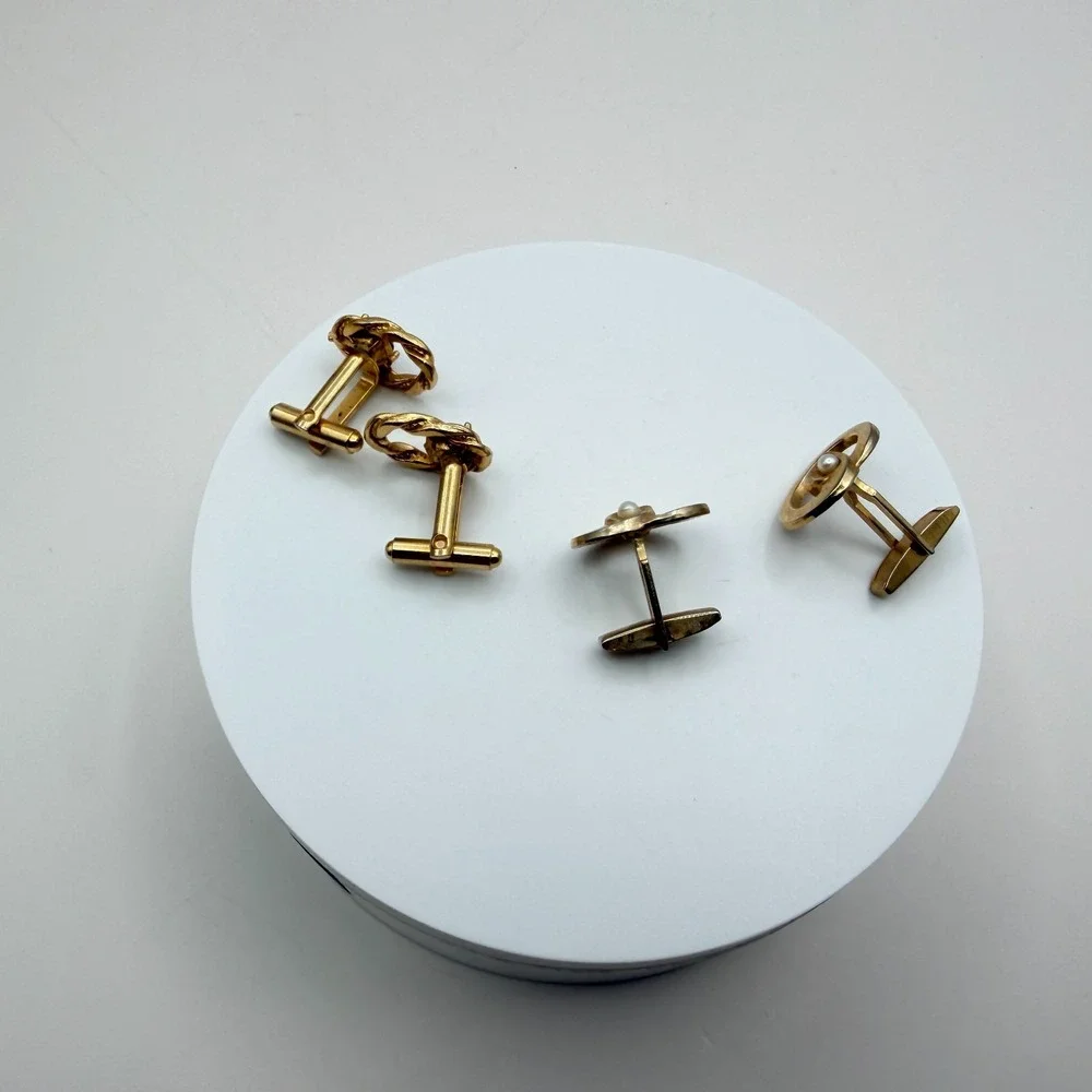 Vintage Y2K‎ Gold Tone Faux Pearl Green Glass Cufflinks Set 2 Pair Jewelry